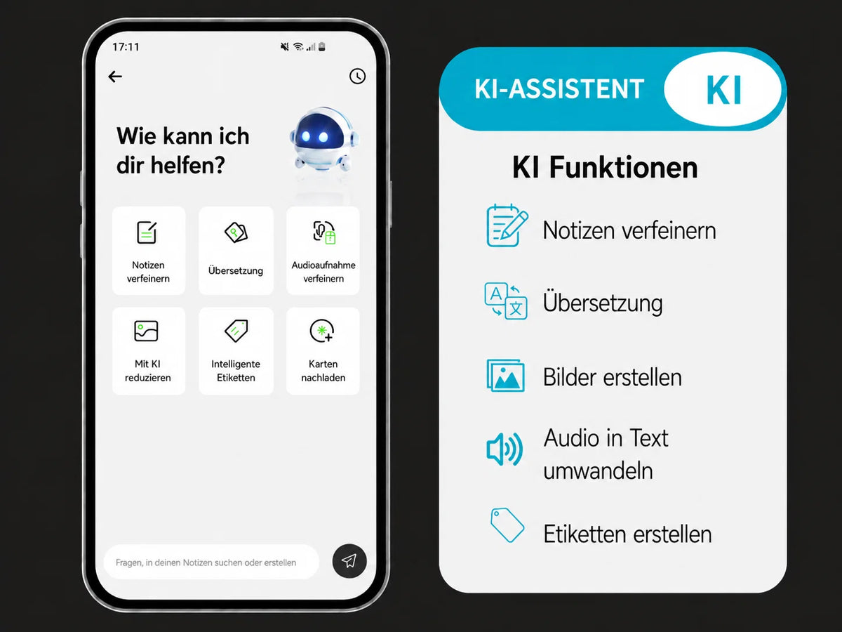 KI-Assistent in der App mit Funktionen für Notizen, Übersetzung, Audio und Bilder